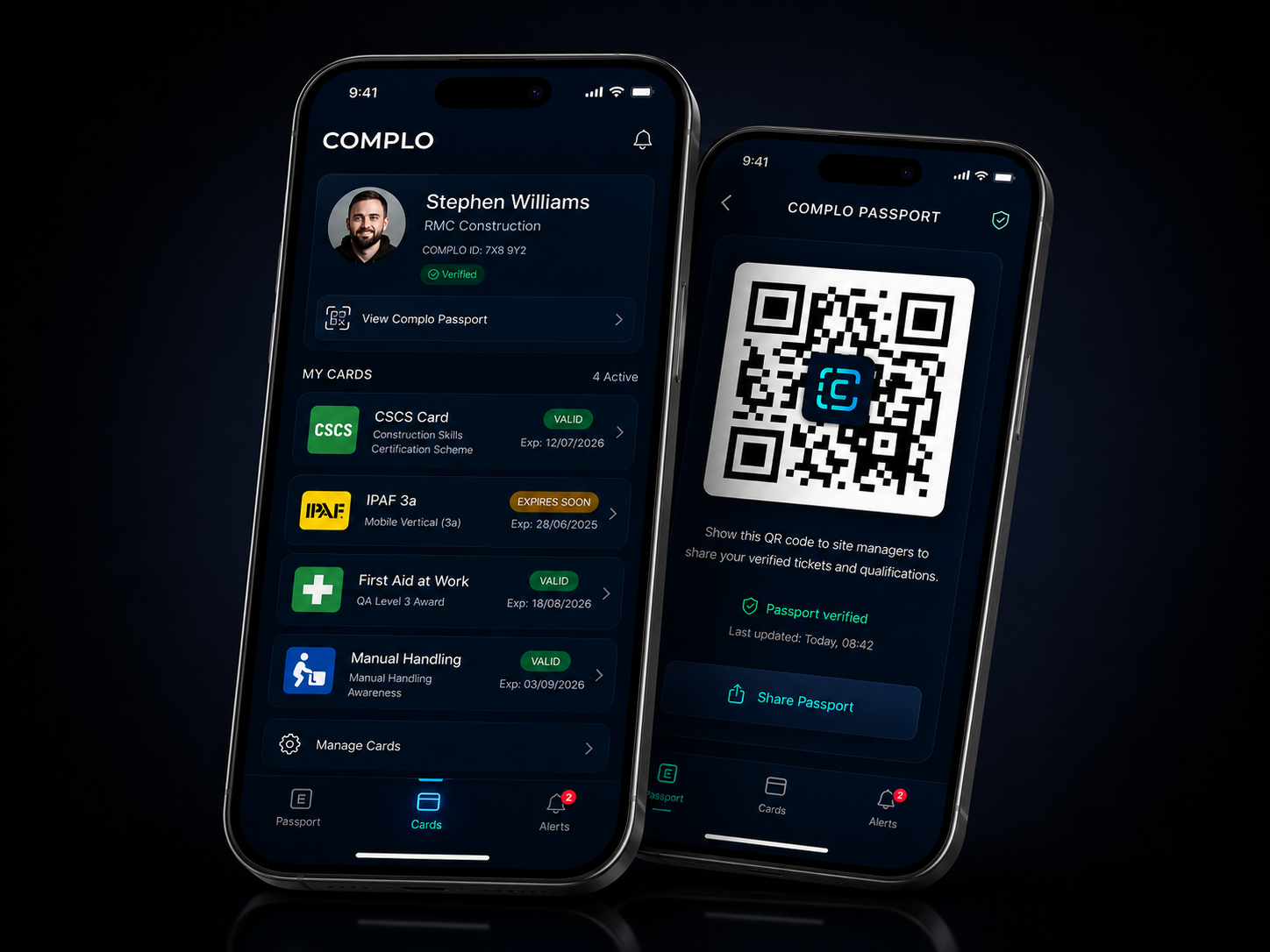 Complo app on two iPhones — the home screen showing an operative's verified CSCS, IPAF, First Aid and Manual Handling cards, and the Complo Passport screen displaying a QR code for on-site verification.